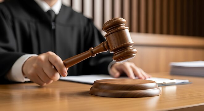 A judicial judge holding a wooden gavel and book in a courtroom symbolizes legal authority, justice, and the law during a divorce trial or tribunal judgment