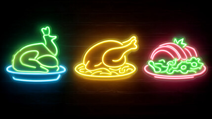 A neon sign featuring three colorful images of roasted meats on plates