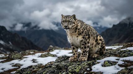 Fototapeta premium Snow Leopard in Mountain Habitat – Endangered Wildlife Concept