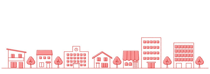 街並みのイラストのバナー背景　手描き風　横長　赤