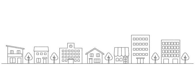 街並みのイラストのバナー背景　手描き風線画　横長