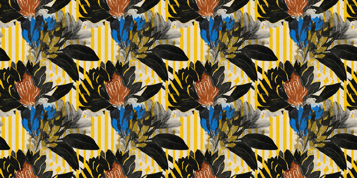 Seamless imprint style pattern with large florals and bold stripes, lithography inspired decorative design for wallpaper, interior textiles, fabric, carpets, and printed wall panels
