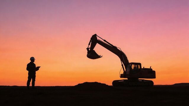 Construction worker with excavator at sunset