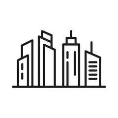A minimalist black and white line drawing depicts a cityscape silhouette with various tall buildings high quality