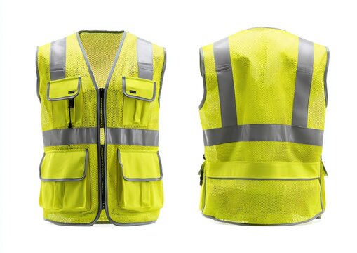 Front and back views of a fluorescent yellow safety vest with reflective stripes and pockets