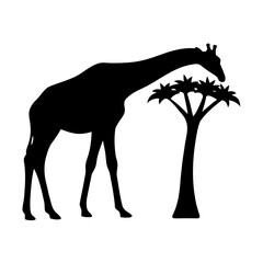 A giraffe standing beside a tall palm tree in silhouette Vector