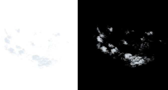 Multiple white clouds on black background with varied shapes and textures isolated on transparent background