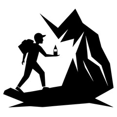 A hiker offering a drink to a towering shadowy figure on a mountain Vector