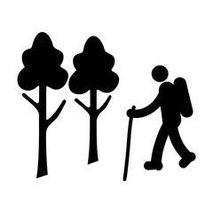 A person with a cane walking past two large stylized trees Vector