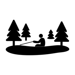 A person fishing peacefully in a small boat surrounded by trees Vector