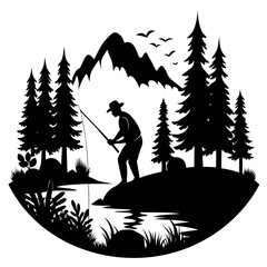 A lone hunter watches migrating geese by a quiet forest lake Vector