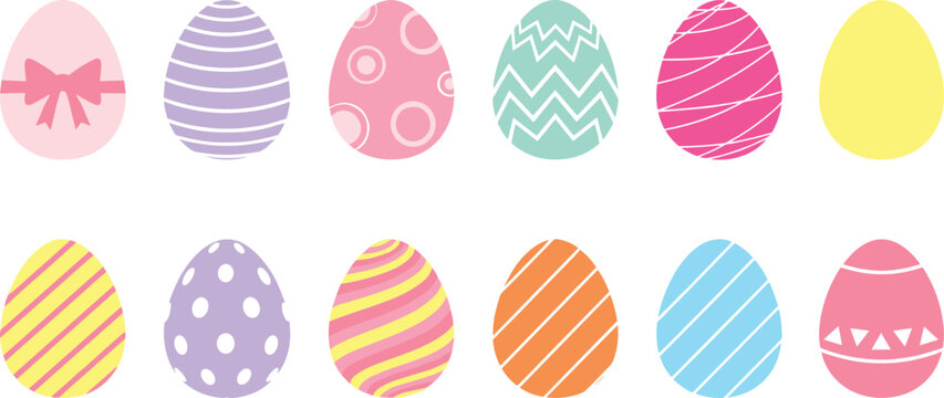 Set of Colorful Patterned Easter Egg Vectors Featuring Polka Dots, Stripes, and Zig-Zag Designs for Spring Holiday Decorations and Seasonal Greeting Cards