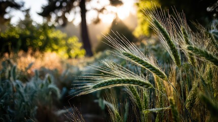 Wheat Field with Morning Dew and Backlit Trees at Sunrise with Golden Light and Soft Focus in the Background