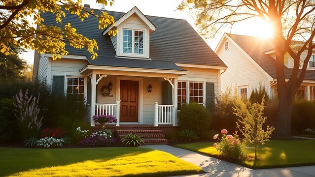 frontyard. A charming suburban house surrounded by a blooming garden, basking in warm afternoon sunlight. real-estate listings.