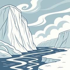 Stylized arctic landscape with icy cliffs and winding river under cloudy sky © hiya