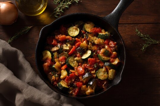 Creative cook prepares traditional ratatouille in a rustic cast iron pan in a warm kitchen filled with the smell of fresh vegetables and herbs