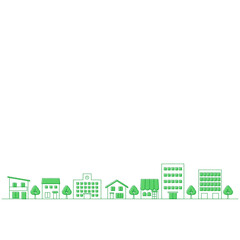 街並みのイラストのバナー背景　手描き風　正方形　緑