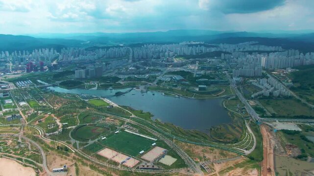 aerial view of the city, building of city, bridge of city