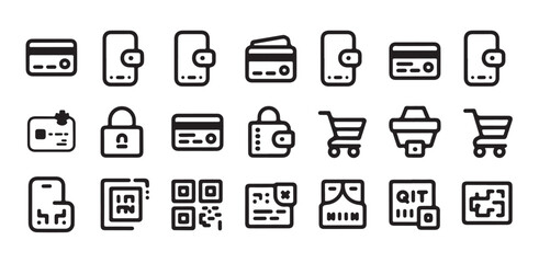 Set of outline icons for online payment methods credit cards mobile wallet QR code