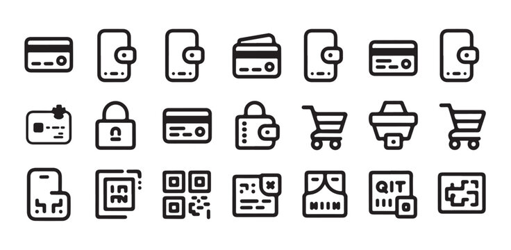 Set of outline icons for online payment methods credit cards mobile wallet QR code