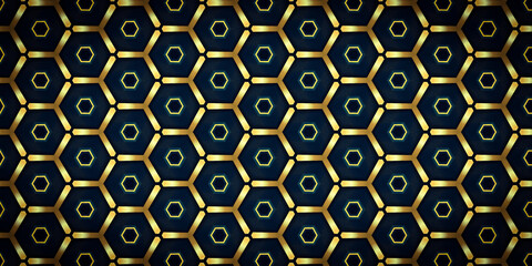 Fototapeta premium Luxury dark blue background with golden hexagonal grid and elegant metallic geometric pattern