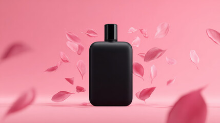 Black perfume bottle pink background rose petal cosmetic product minimal design elegant packaging beauty concept advertising ready fragrance