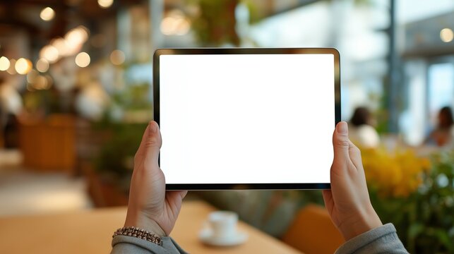 Hands holding blank tablet screen in cafe, mockup with copy space
