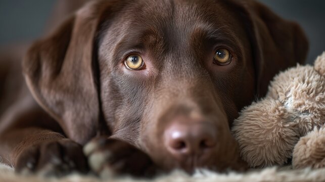 Chocolate labrador rests with gentle brown eyes