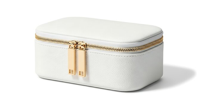 White leather jewelry box with gold zipper details