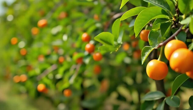 A kumquat tree with dense clusters of small oval orange fruits hanging on thorny branches in a sunny orchard 