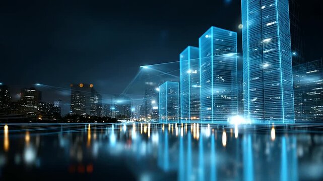 Vibrant city at night showcasing digital twin visualization with mirrored model conceptualization and urban design, metropolitan planning, with copy space