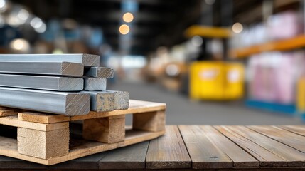 Stacked metal bars on wooden pallet in industrial warehouse