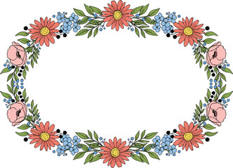 Obraz premium Hand Drawn Floral Oval Wreath Frame with Coral Daisies, Pink Poppies, and Blue Forget-Me-Nots for Wedding Invitations, Stationery, and Romantic Spring Branding