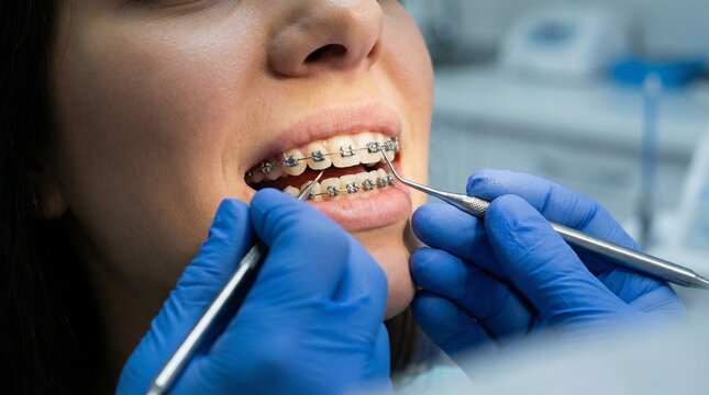 Orthodontist adjusting metal braces on a patient's teeth.