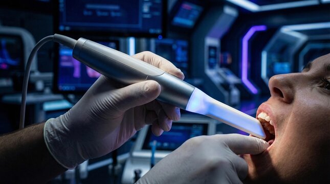 Dentist using a high-tech intraoral scanner for a digital 3D dental impression.