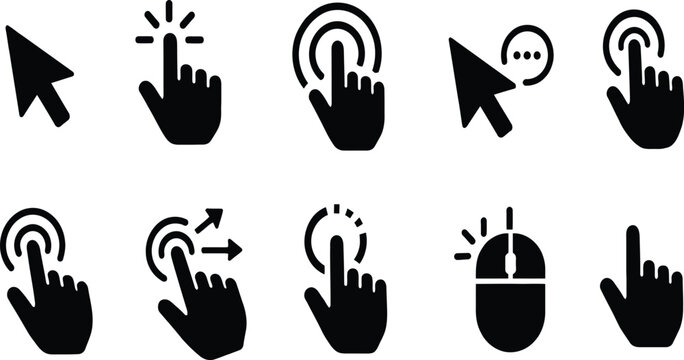 Computer cursor icon set with hand gestures and clicking mouse symbols for interface