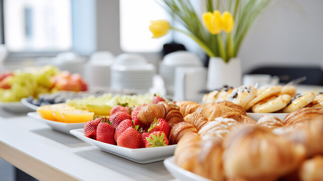 A variety of fresh fruits and pastries on a breakfast buffet table setting