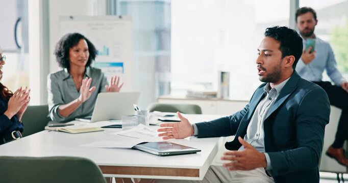 Man, team and angry at office meeting with stress, throw documents and fight at financial company. Person, mistake and frustrated with group, paperwork and lost deal with talk at investment agency