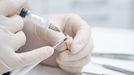 Dental technician applying ceramic material to a prosthetic tooth crown.