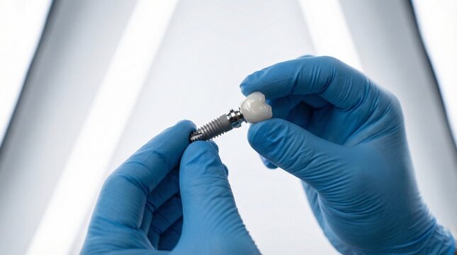 Dentist holding a dental implant with a ceramic crown in gloved hands.