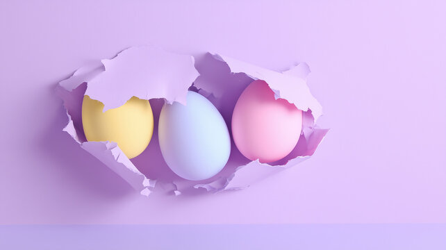 Three smooth pastel Easter eggs (yellow, blue, pink) peeking through a jagged torn hole in soft lilac purple paper; creative minimalist concept for spring holiday surprises.