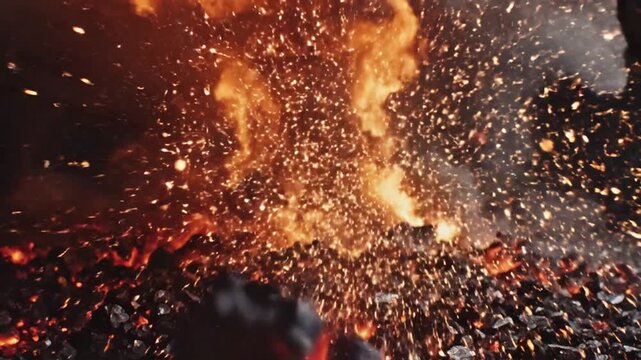 Molten hot coal fragments explode outwards with intense fiery sparks and smoke against a dark