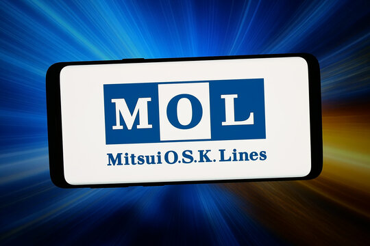 Stuttgart, Germany - 02-23-2026: In this photo illustration, the logo of shipping company Mitsui O.S.K. Lines (MOL) is displayed on a smartphone in front of abstract background on computer screen.