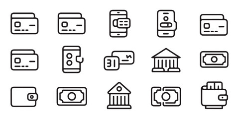 Linear bank and payment icons collection for accounting website design and mobile interface