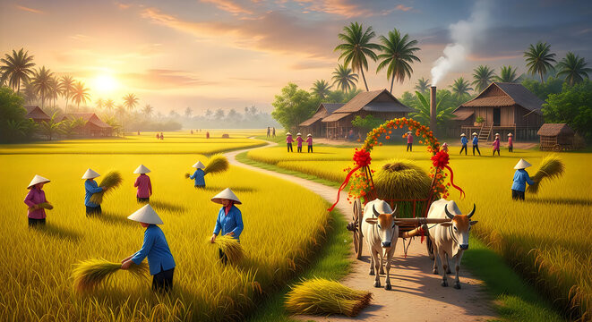 Golden Rice Field Harvest Scene with Farmers and Bullock Cart at Sunset