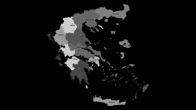 Vector map of Greece with names of cities and with borders city