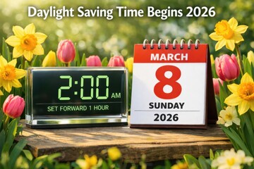 Naklejka na ściany i meble Daylight Saving Time Begins 2026 concept: Digital clock showing 2:00 AM to set forward one hour and a calendar displaying Sunday March 8, surrounded by blooming spring flowers
