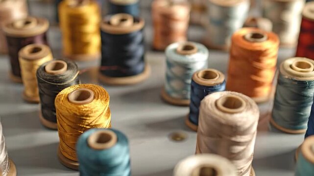 A collection of colorful spools of thread, arranged on a light gray background, ready for sewing.