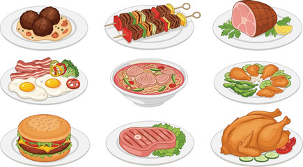 Delicious Meat Dishes Collection Vector Illustration Featuring Steak Burger Bacon Ham Skewers and Roasted Chicken Plates