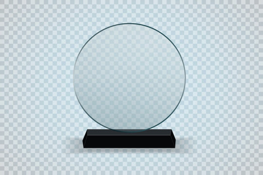 Trophy of glass award. Plexi glass award. Plate of acrylic trophy. Stand of crystal for prize of winner. Mockup of realistic of plexiglass for cup of champion. Acrilic badge for win. Vector.